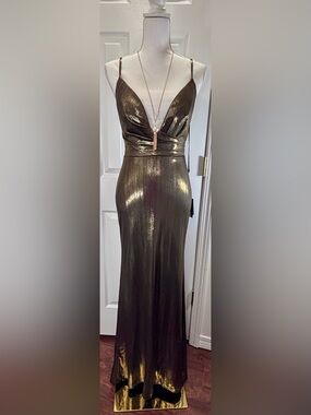 NWT IEENA/MAC DUGGAL SZ 0 Bronze V-Neck Sleeveless W/sweeping Train #26408